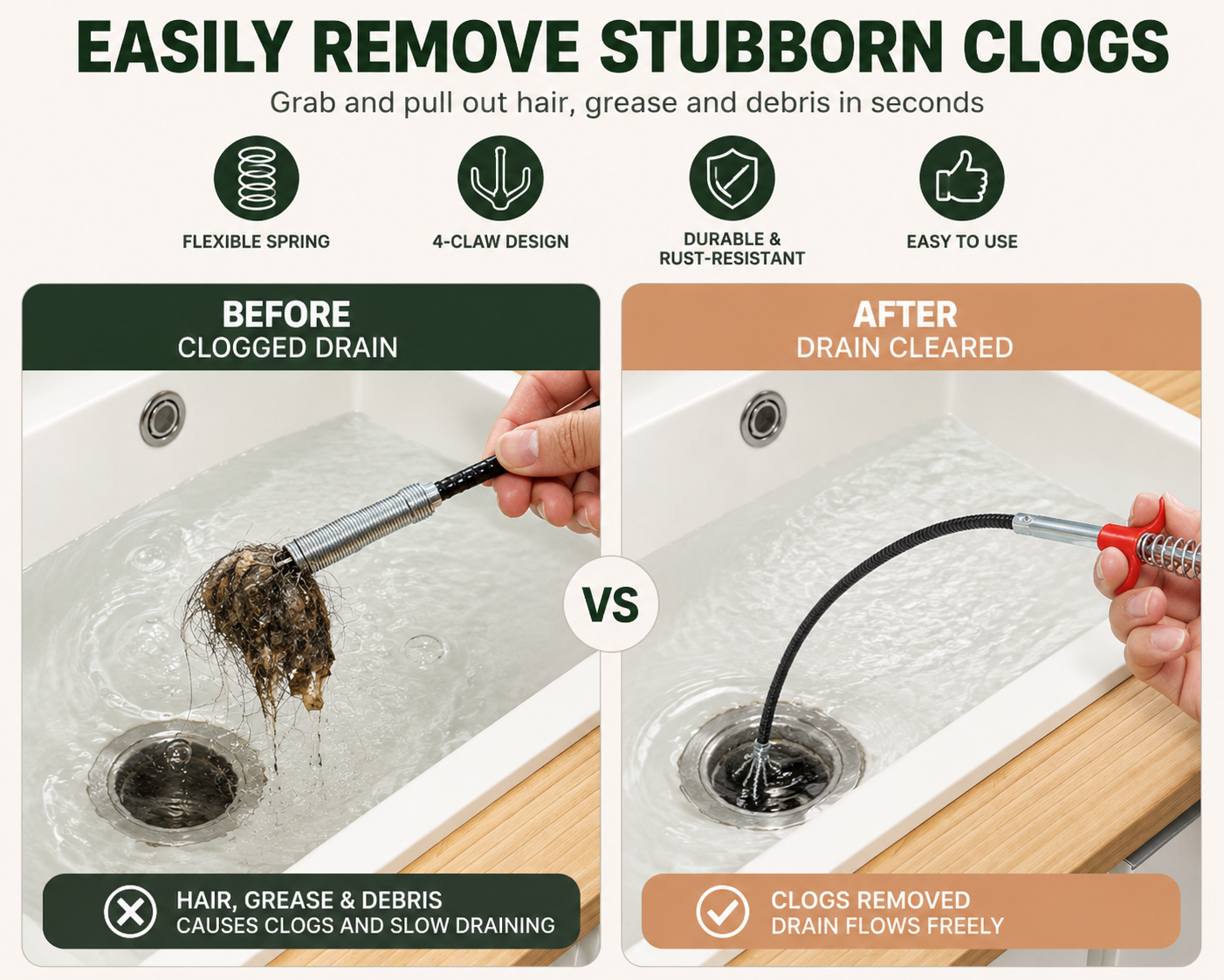 LUNÉA HOME Drain Snake Clog Remover | Flexible Drain Cleaning Tool for Sinks, Showers & Pipes