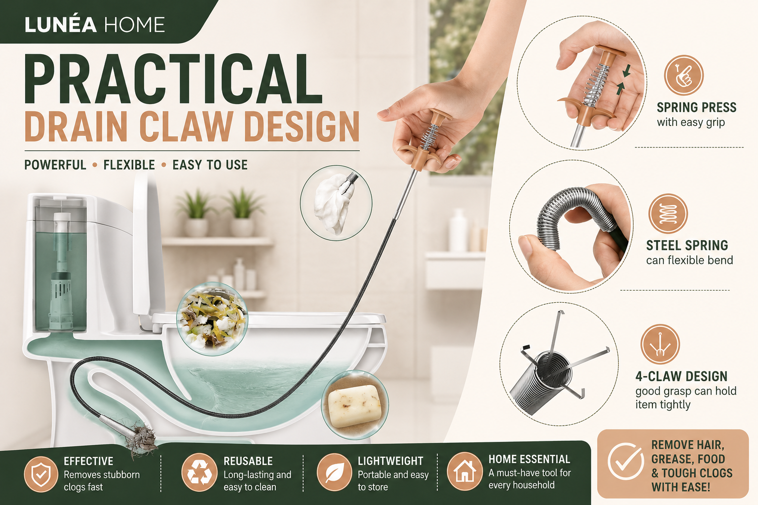 LUNÉA HOME Drain Snake Clog Remover | Flexible Drain Cleaning Tool for Sinks, Showers & Pipes