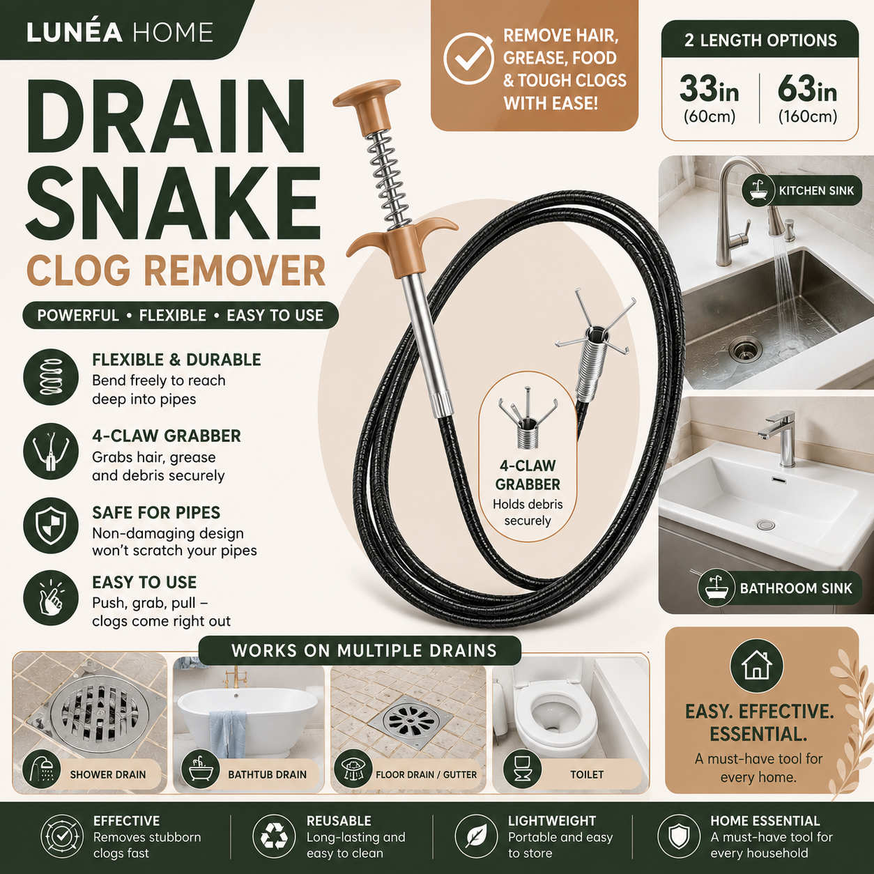LUNÉA HOME Drain Snake Clog Remover | Flexible Drain Cleaning Tool for Sinks, Showers & Pipes