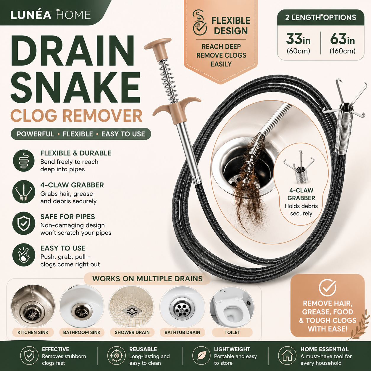 LUNÉA HOME Drain Snake Clog Remover | Flexible Drain Cleaning Tool for Sinks, Showers & Pipes