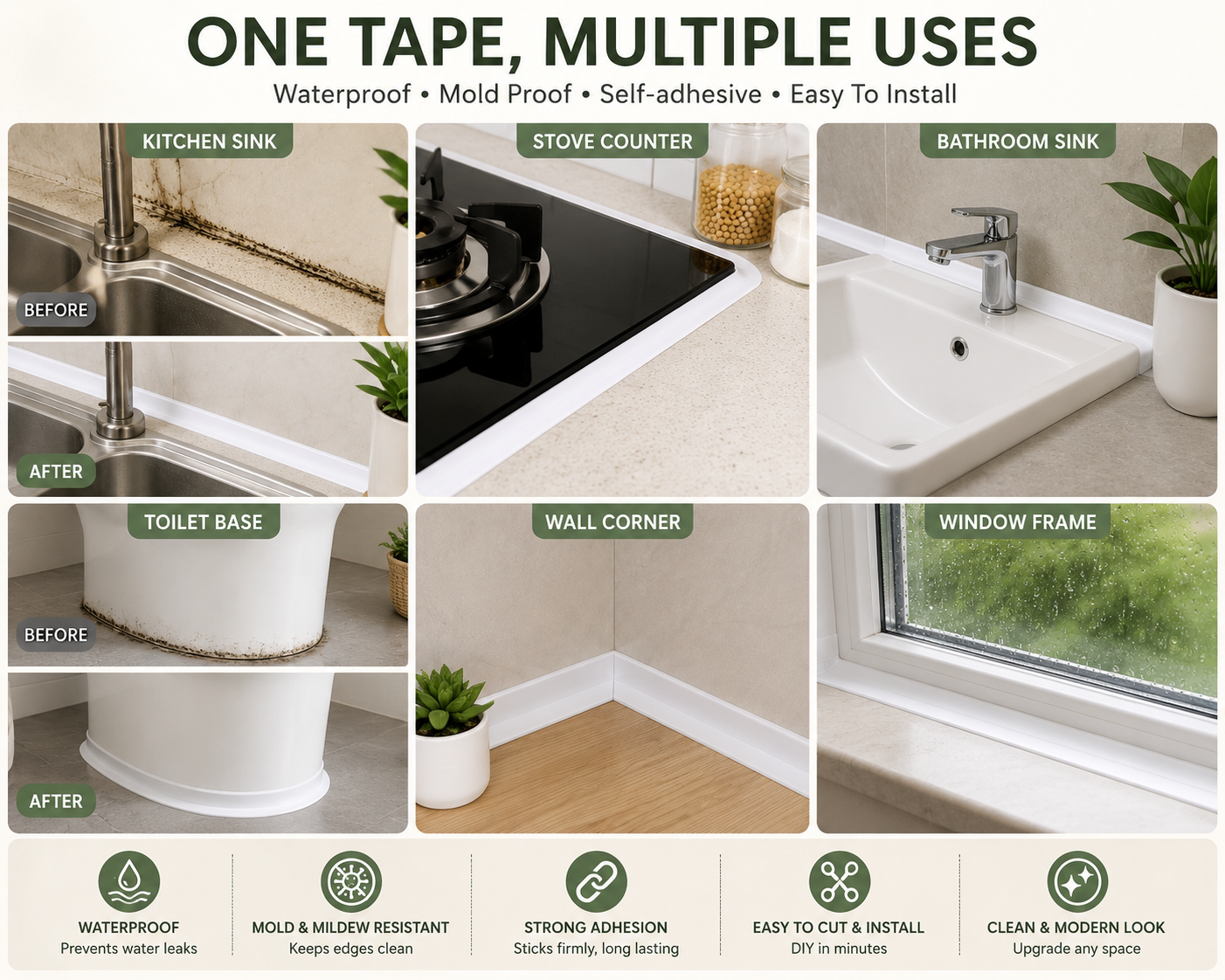 LUNÉA HOME Waterproof Caulk Sealing Tape for Kitchen & Bathroom | Self Adhesive Sink Gap Seal Strip | Mold Resistant Edge Protector