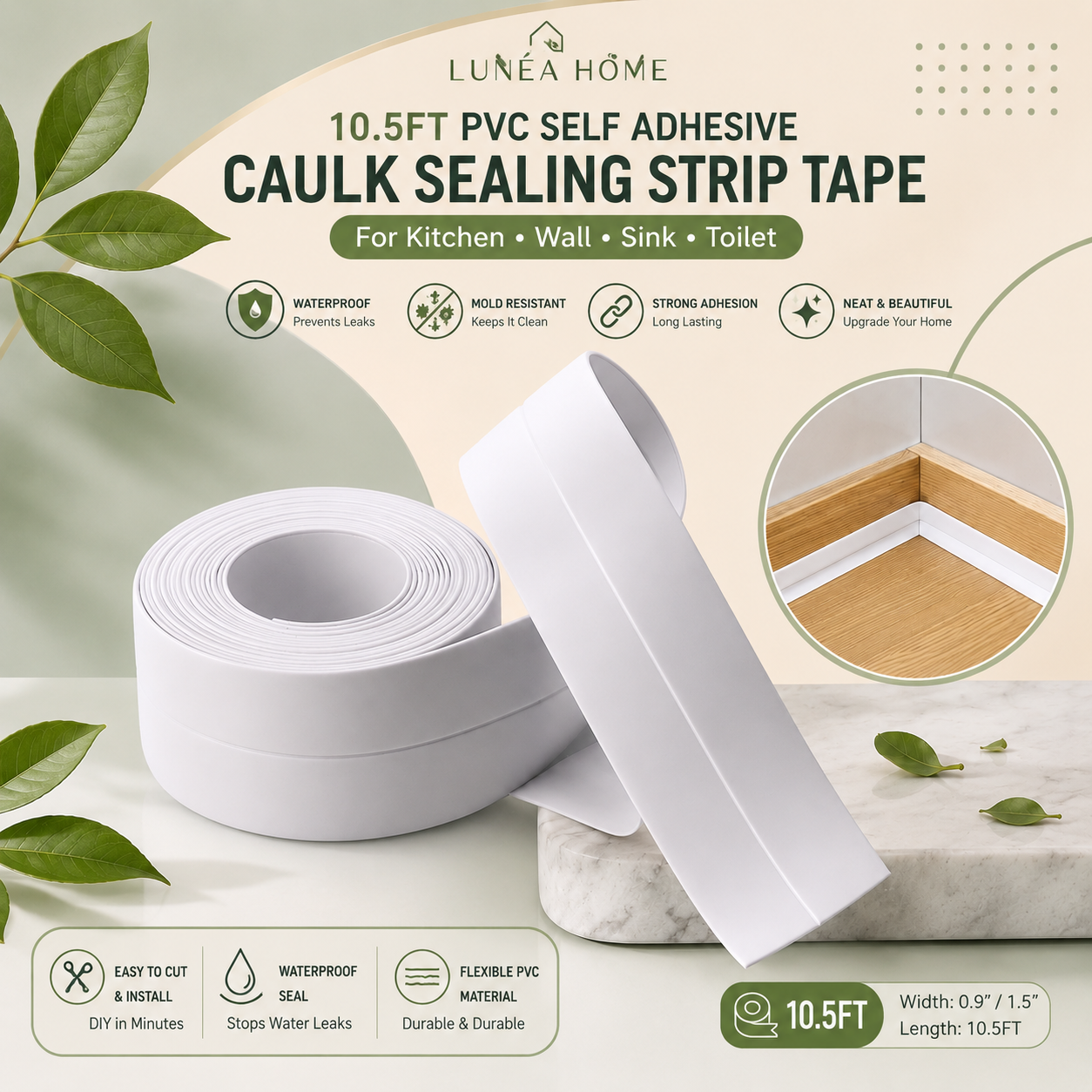 LUNÉA HOME Waterproof Caulk Sealing Tape for Kitchen & Bathroom | Self Adhesive Sink Gap Seal Strip | Mold Resistant Edge Protector