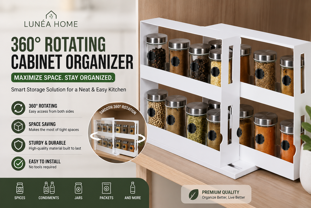 LUNÉA HOME 360° Rotating Spice Rack Organizer | Space Saving Cabinet Storage Shelf