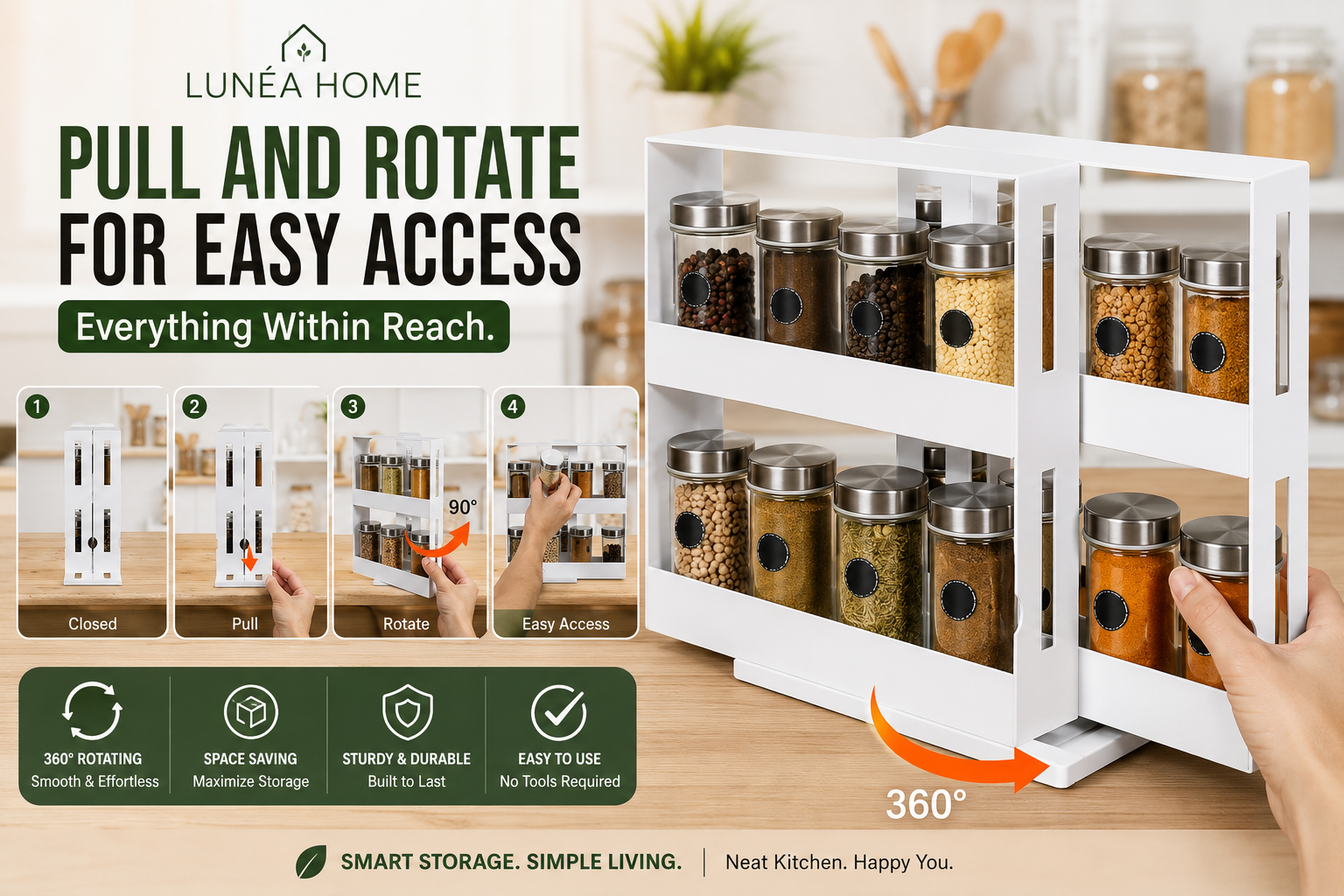 LUNÉA HOME 360° Rotating Spice Rack Organizer | Space Saving Cabinet Storage Shelf