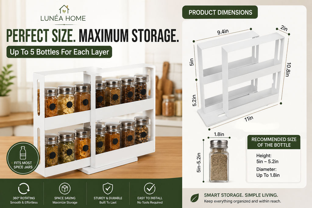 LUNÉA HOME 360° Rotating Spice Rack Organizer | Space Saving Cabinet Storage Shelf