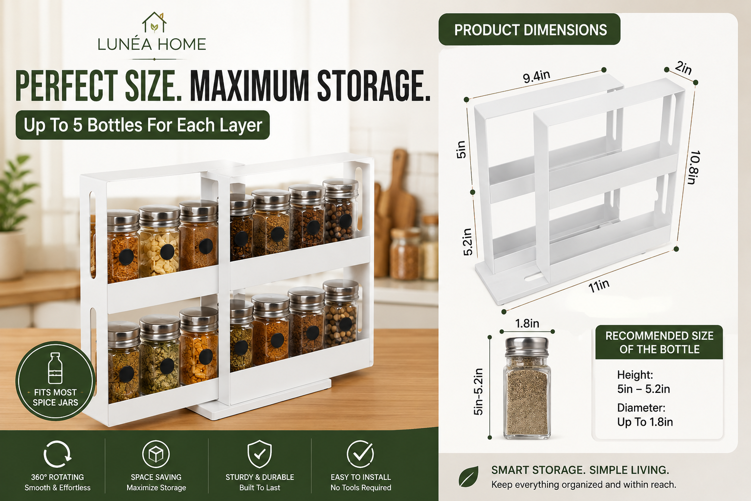 LUNÉA HOME 360° Rotating Spice Rack Organizer | Space Saving Cabinet Storage Shelf