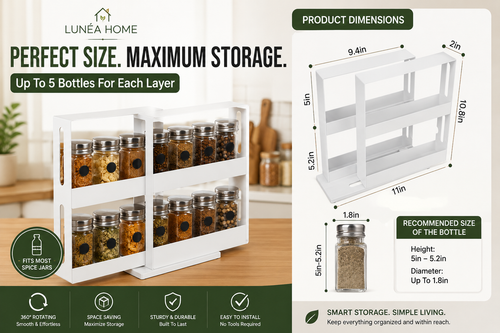 LUNÉA HOME 360° Rotating Spice Rack Organizer | Space Saving Cabinet Storage Shelf