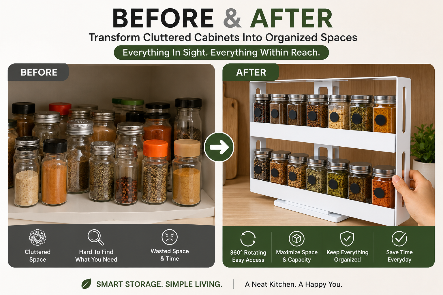LUNÉA HOME 360° Rotating Spice Rack Organizer | Space Saving Cabinet Storage Shelf