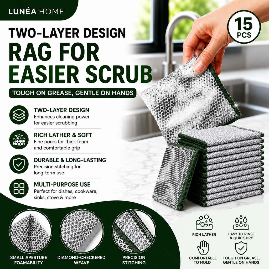 LUNÉA HOME Double-Sided Kitchen Cleaning Cloths | Multi-Purpose Scouring Pads