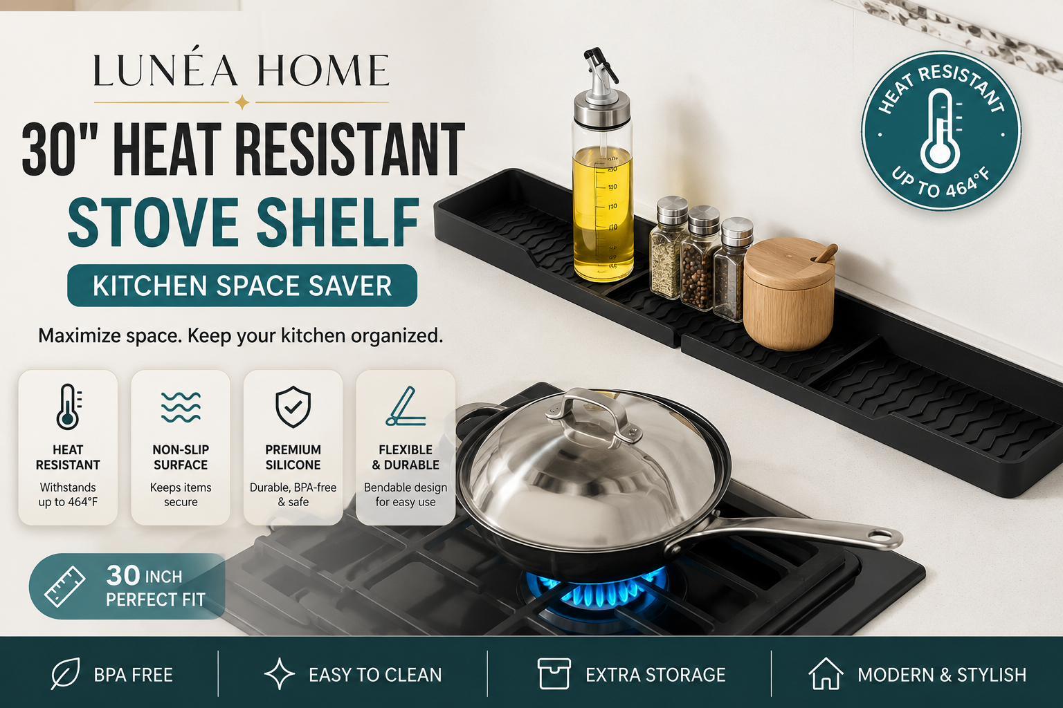 LUNÉA HOME 30" Heat Resistant Stove Shelf | Kitchen Space Saver