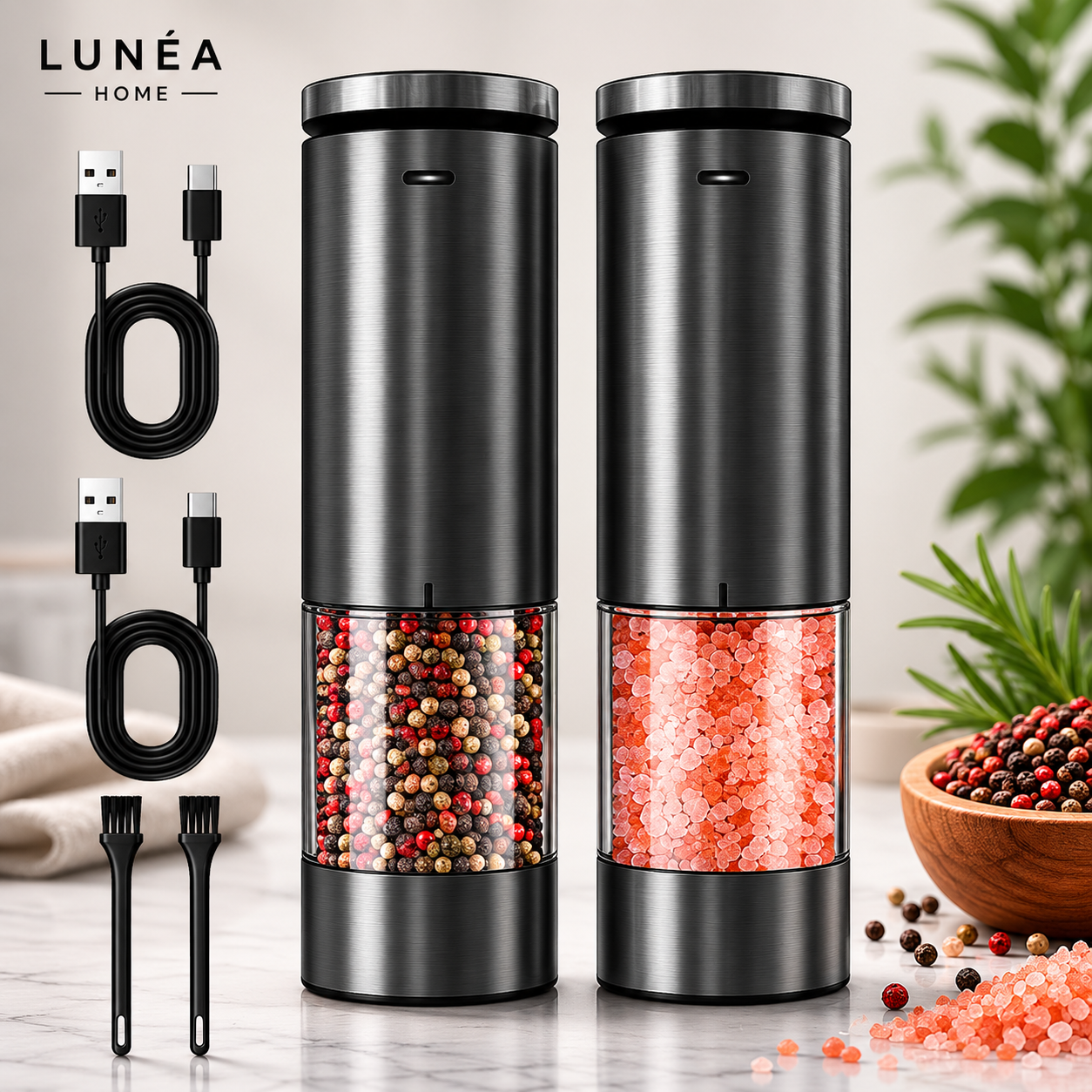 LUNÉA HOME Rechargeable Salt & Pepper Grinder Set | Electric Spice Mill