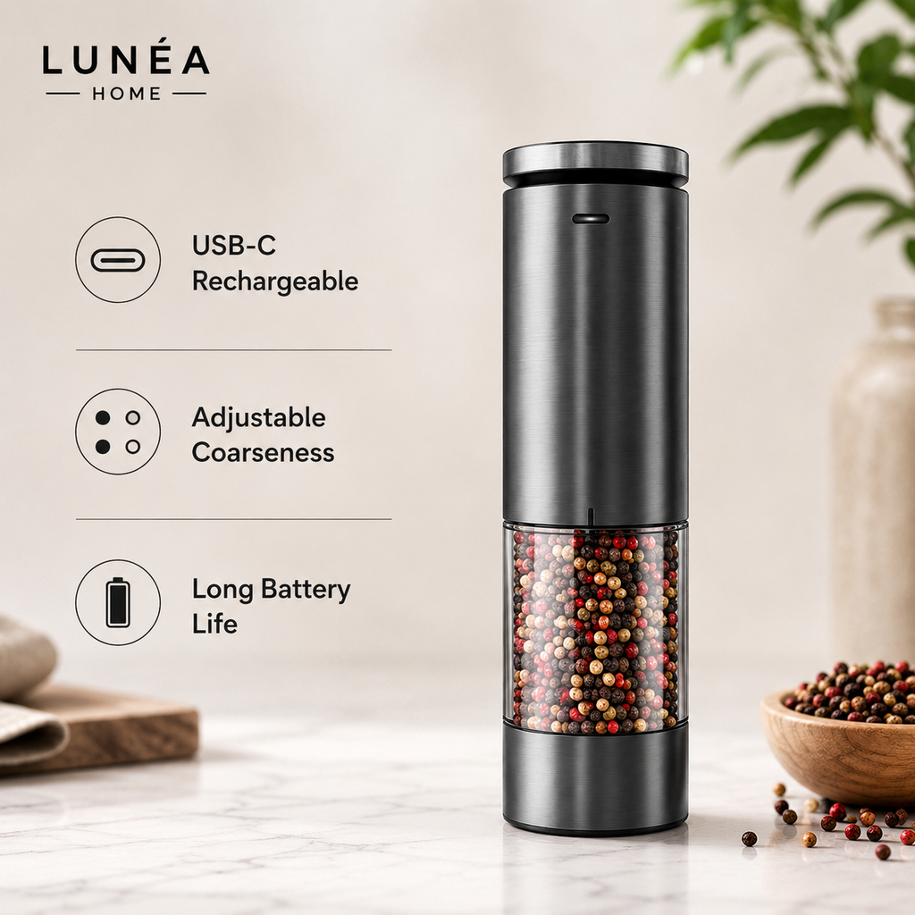 LUNÉA HOME Rechargeable Salt & Pepper Grinder Set | Electric Spice Mill