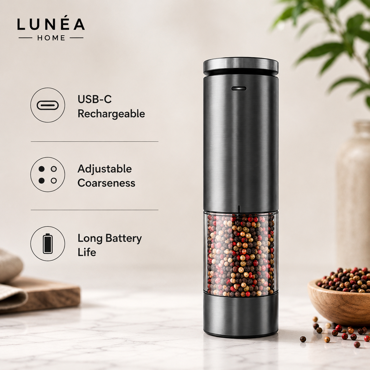 LUNÉA HOME Rechargeable Salt & Pepper Grinder Set | Electric Spice Mill