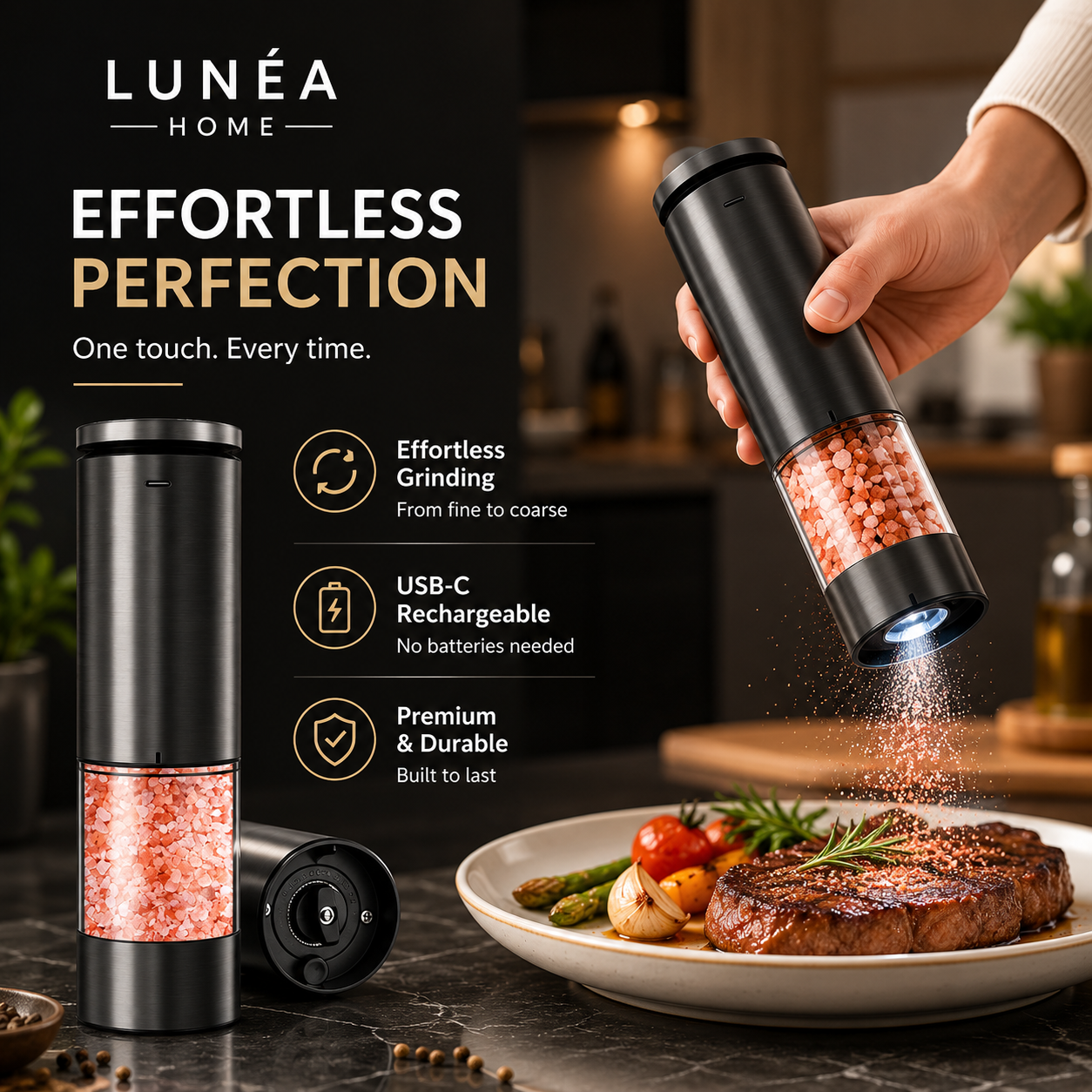 LUNÉA HOME Rechargeable Salt & Pepper Grinder Set | Electric Spice Mill