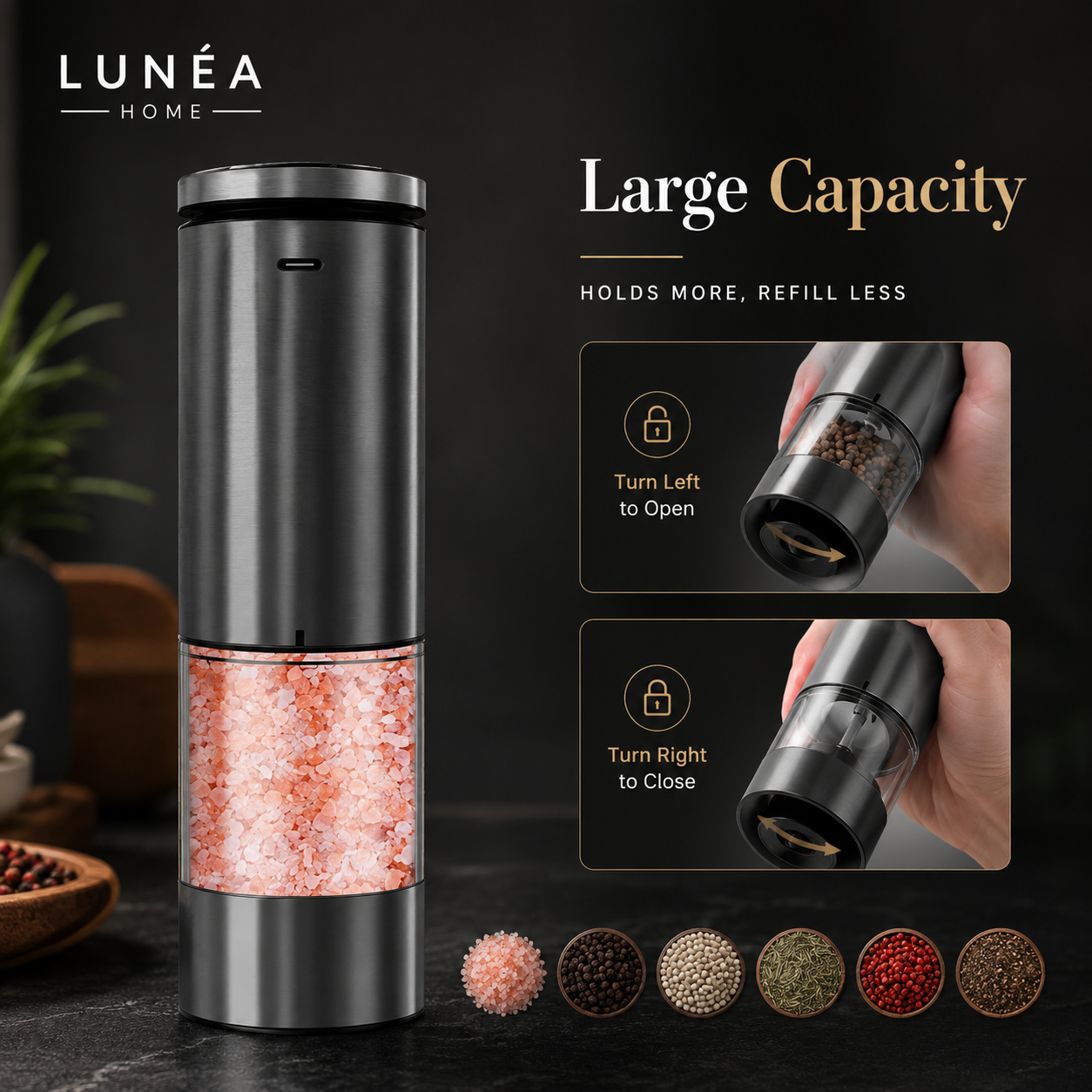 LUNÉA HOME Rechargeable Salt & Pepper Grinder Set | Electric Spice Mill