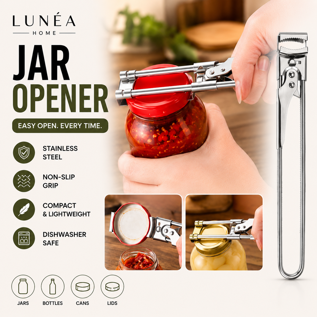LUNÉA HOME Adjustable Jar Opener | Multi-Function Stainless Steel Bottle & Lid Opener