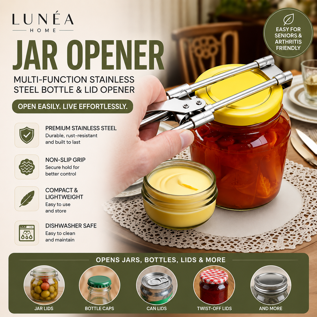 LUNÉA HOME Adjustable Jar Opener | Multi-Function Stainless Steel Bottle & Lid Opener