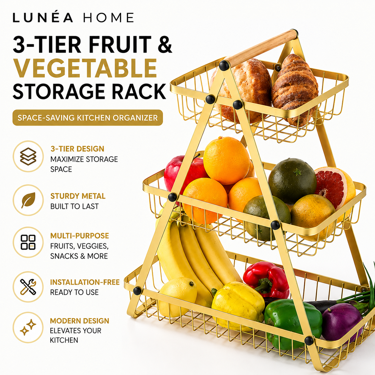 LUNÉA HOME Kitchen Counter Fruit Storage Rack | Space Saving Organizer
