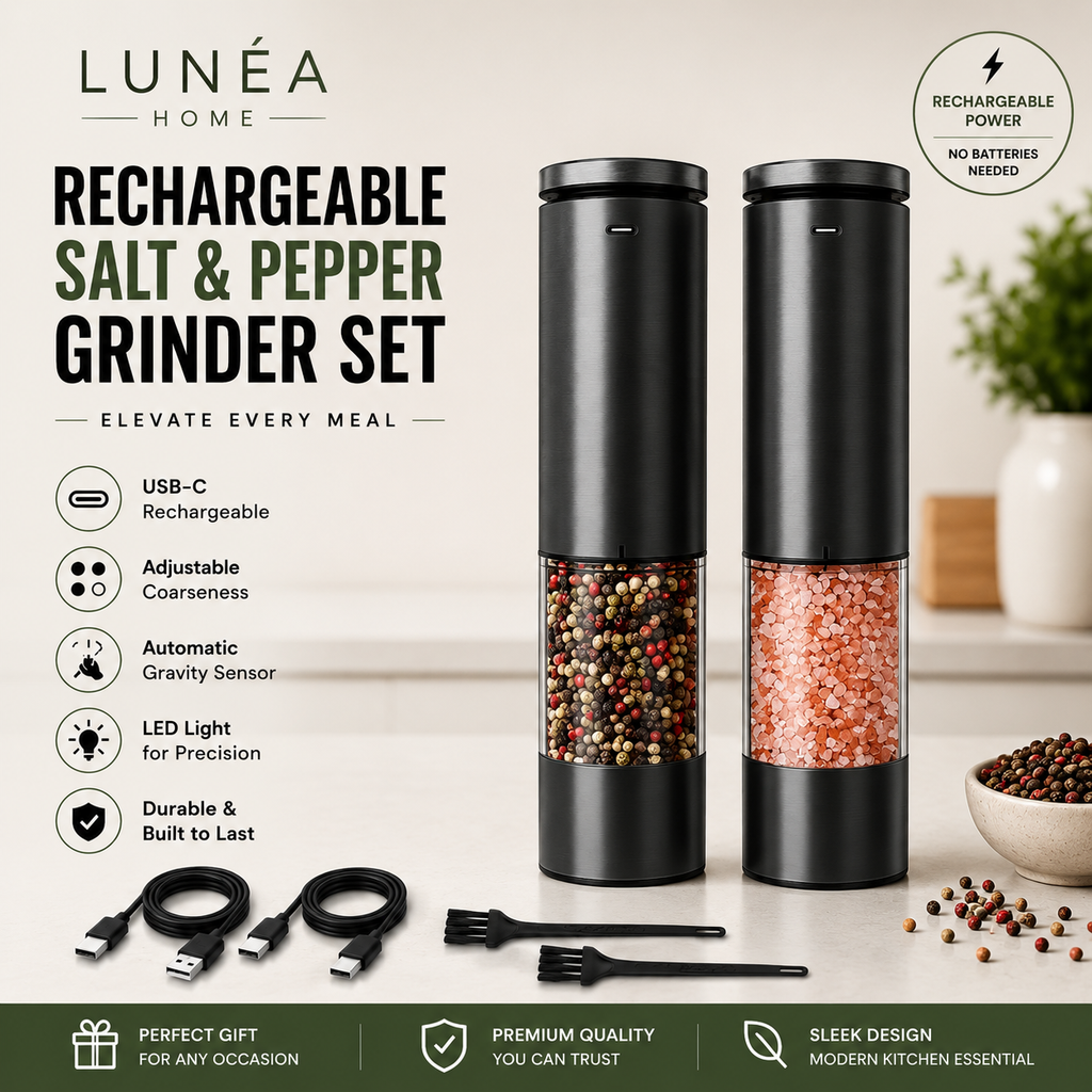 LUNÉA HOME Rechargeable Salt & Pepper Grinder Set | Electric Spice Mill