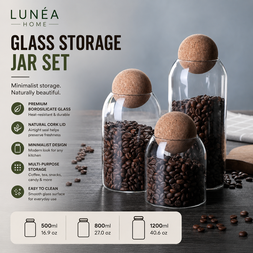 LUNÉA HOME Glass Storage Jar with Cork Lid | Airtight Coffee, Tea & Candy Container