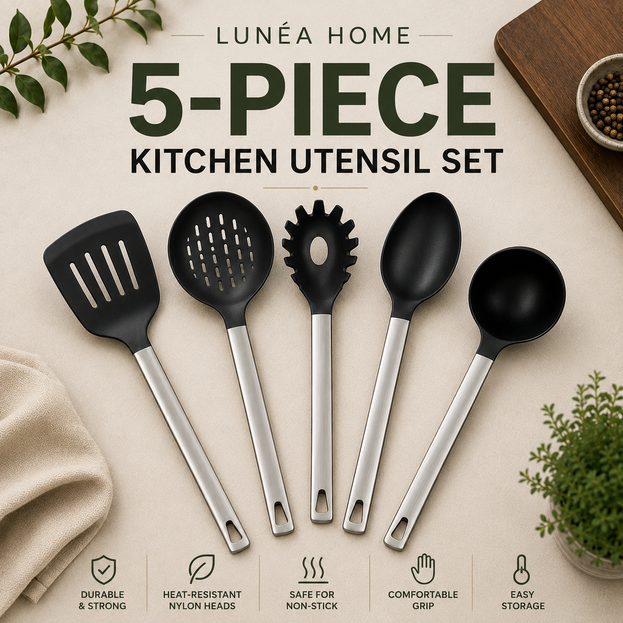 LUNÉA HOME 5-Piece Kitchen Utensil Set